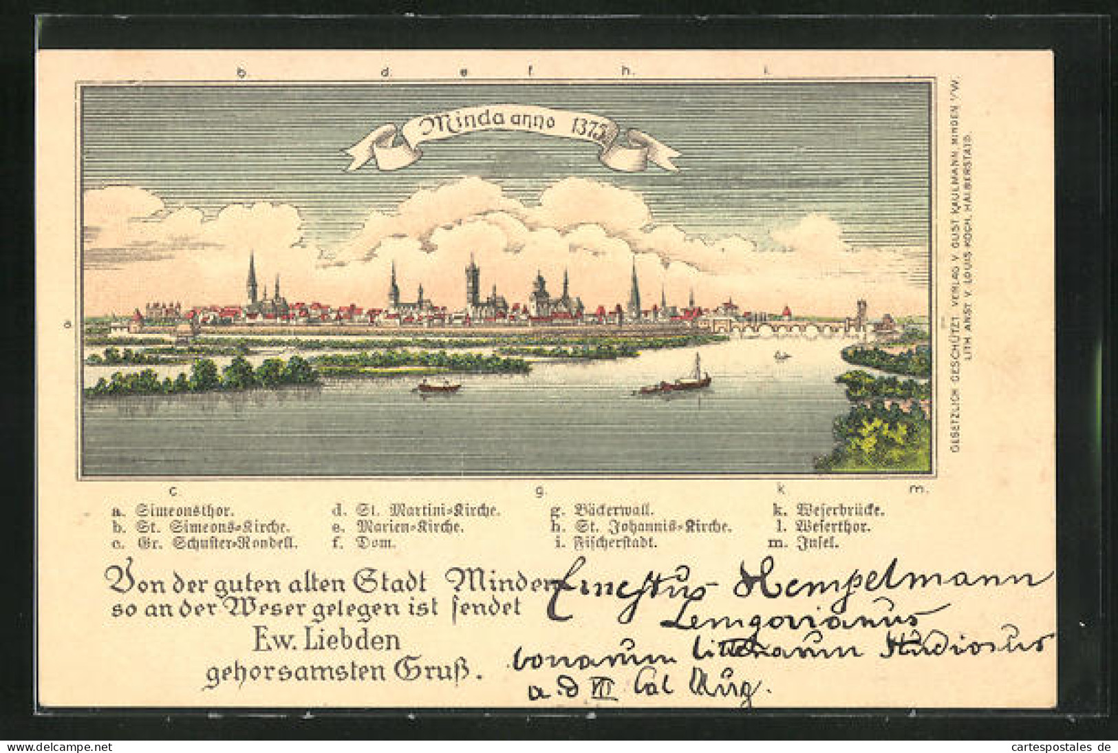 Lithographie Minden, Ortsansicht Mit Simeonstor, St. Simeons-Kirche Und Dom  - Minden