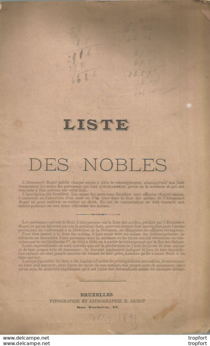 GP / RARE LIVRET LISTE DES NOBLES Bruxelles 1895 SUISSE PUB Montre ROSKOPF HORLOGERIE PUBS - Advertising