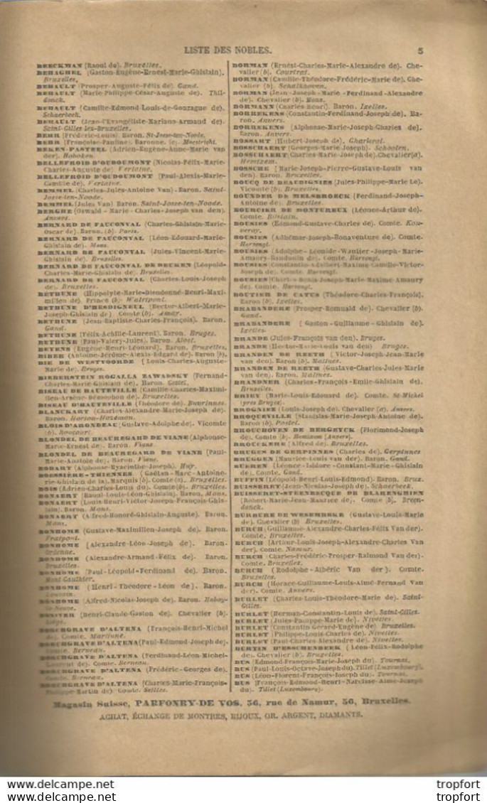 GP / RARE LIVRET LISTE DES NOBLES Bruxelles 1895 SUISSE PUB Montre ROSKOPF HORLOGERIE PUBS - Publicités