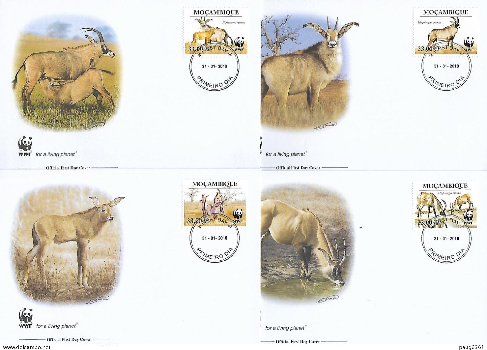 MOZAMBIQUE 2010  4 FDC WWF-ANTILOPES YVERT N°2986A/2986D - FDC