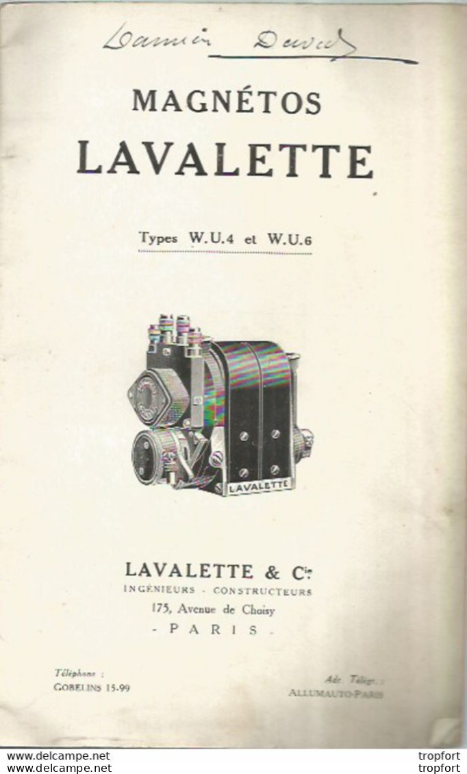 CG1 / Livret Ancien MAGNETOS LAVALETTE Types W.U.4 Et W.U.6 Moteur Automobile 3HP VOITURE AUTO Moteur - Basteln