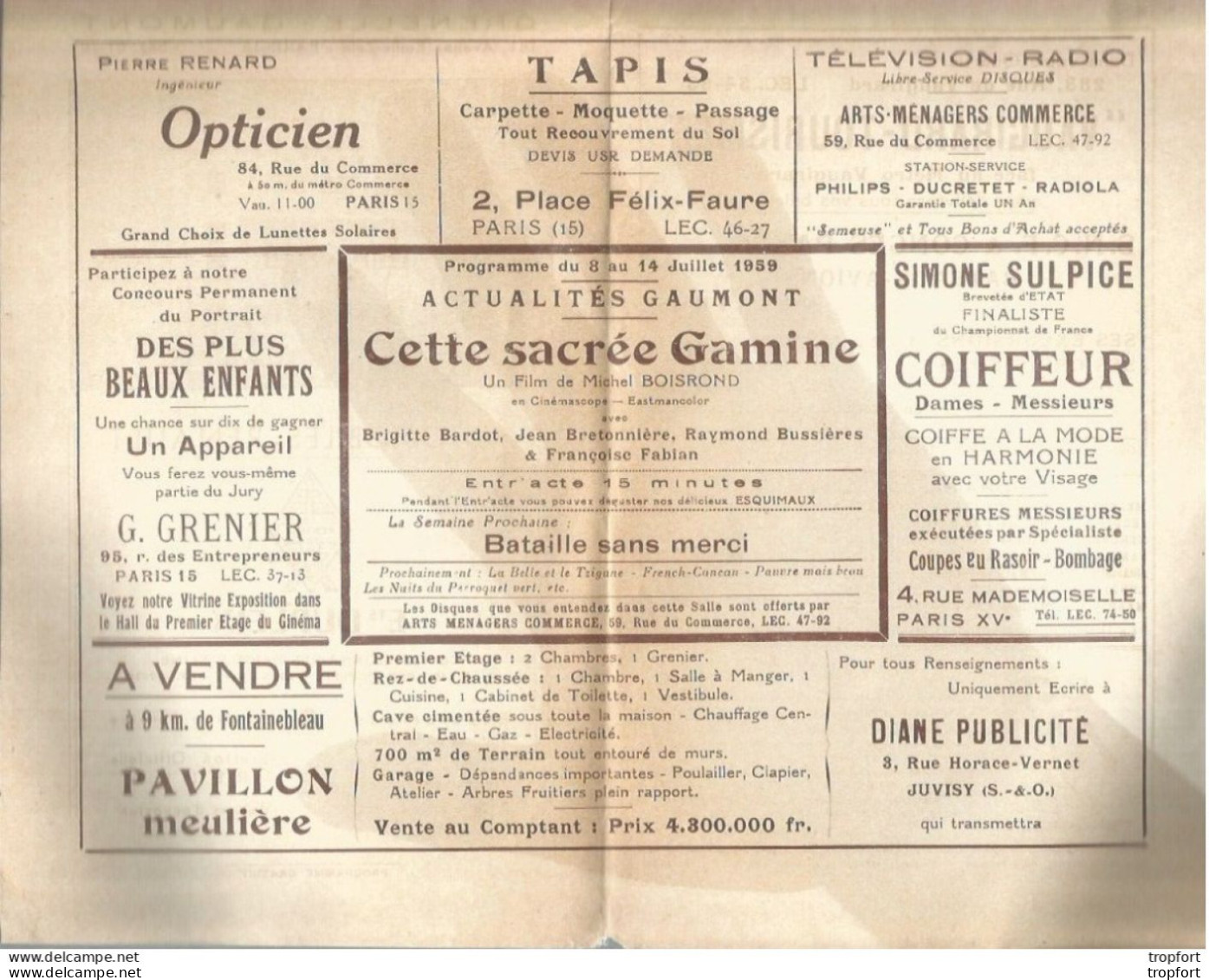 PROGRAMME Cinéma Ancien 1959 GRENELLE GAUMONT CETTE SACREE GAMINE Brigitte BARDOT Bretonnière Bussières FABIAN - Programme