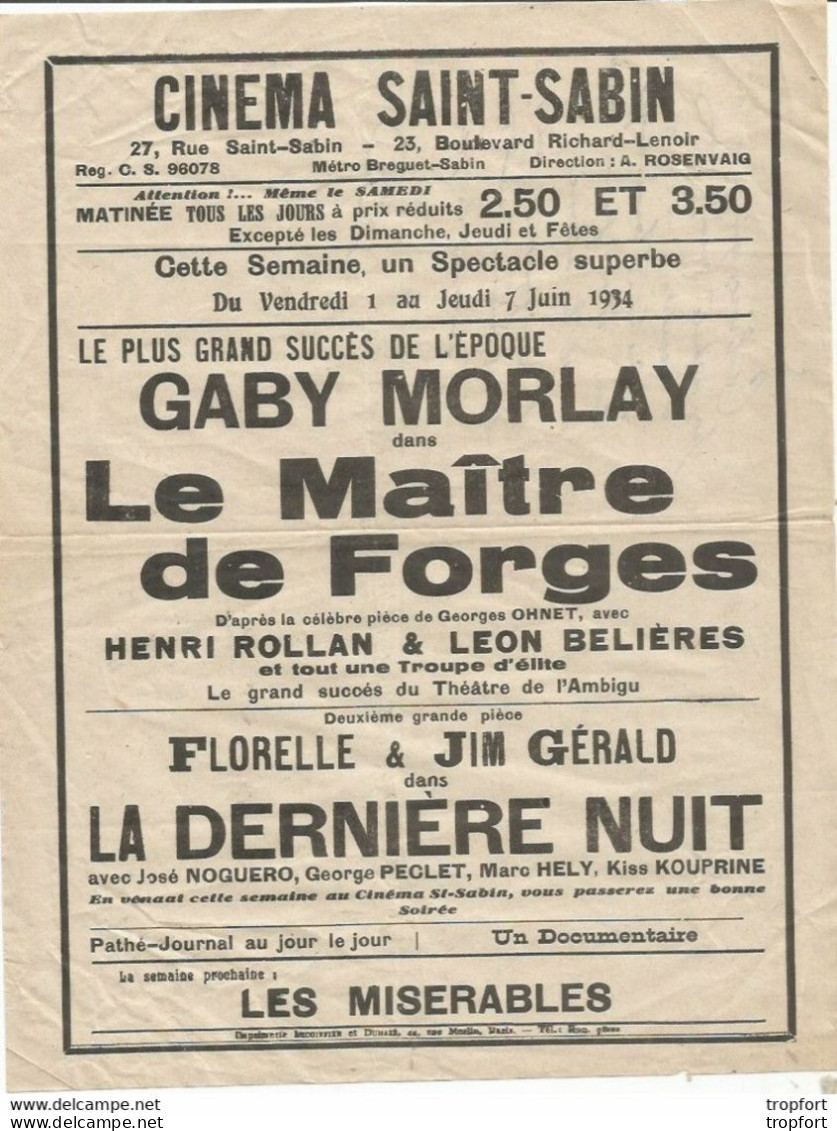 PP / Affichette PROGRAMME Cinéma SAINT-SABIN Gaby MORLAY Le MAITRE DES FORGES Les Miserables 1934 - Programmi