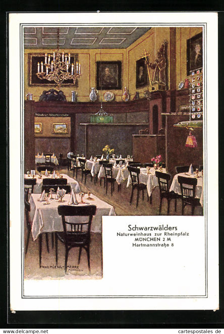 Künstler-AK München, Gasthaus Schwarzwälders Naturweinhaus Zur Rheinpfalz, Hartmannstrsse 8, Innenansicht  - Muenchen