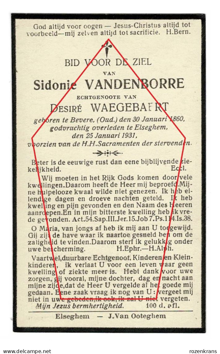 Sidonie Vandenborre Desiré Waegebaert Bevere Beveren Oudenaarde Elsegem Elseghem 1931 Met Foto Bidprentje Doodsprentje - Décès