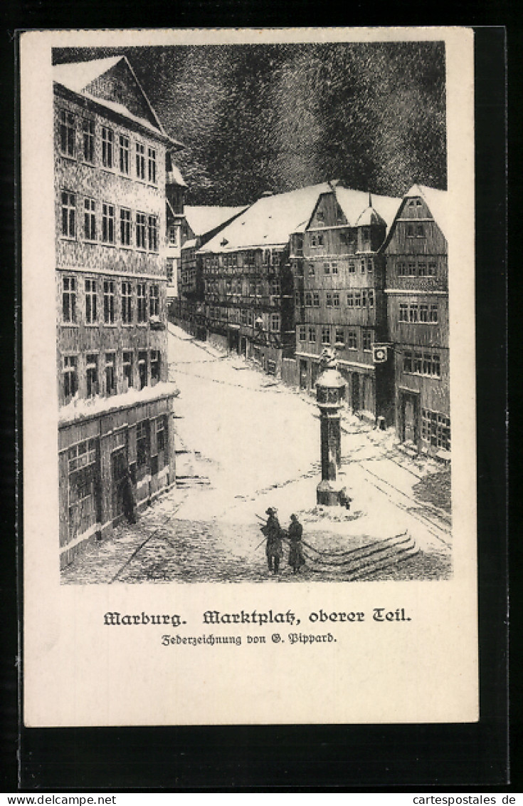 Künstler-AK Marburg, Am Marktplatz, Oberer Teil  - Marburg