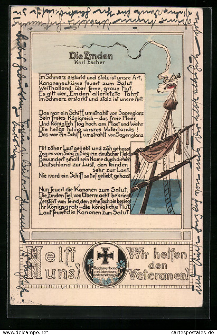 Künstler-AK Gedicht: Die Emden Von Karl Escher, Helft Uns! Wir Helfen Den Veteranen!  - Warships
