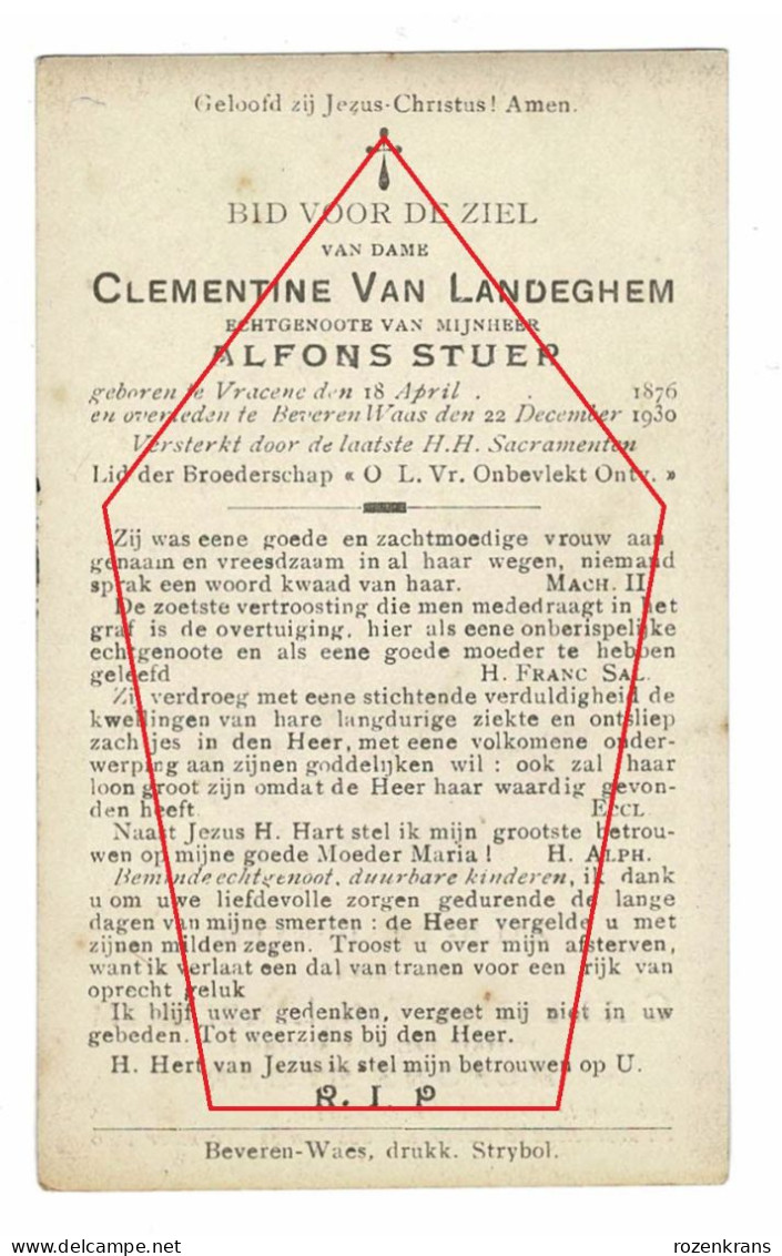 Clementine Van Landeghem Alfons Stuer Vracene Vrasen Beveren Waas 1930 Met Foto Bidprentje Doodsprentje - Avvisi Di Necrologio