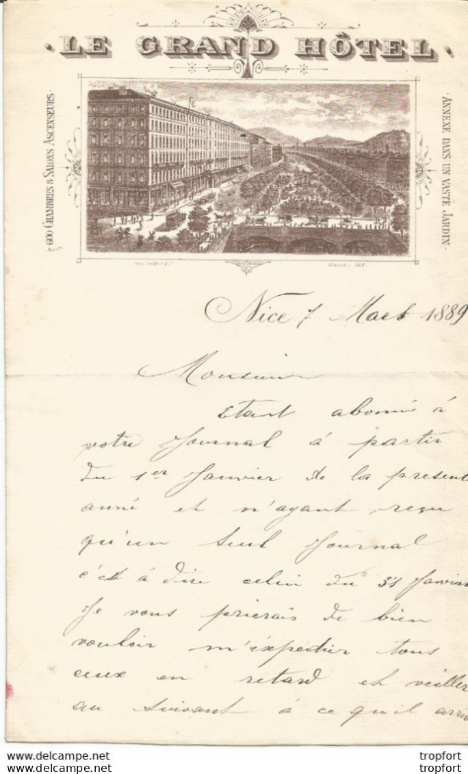 M11 Cpa / Old Invoice Lettre Facture Ancienne RARE LETTRE DU GRAND HOTEL NICE Le 7 Mars 1889 - Artesanos