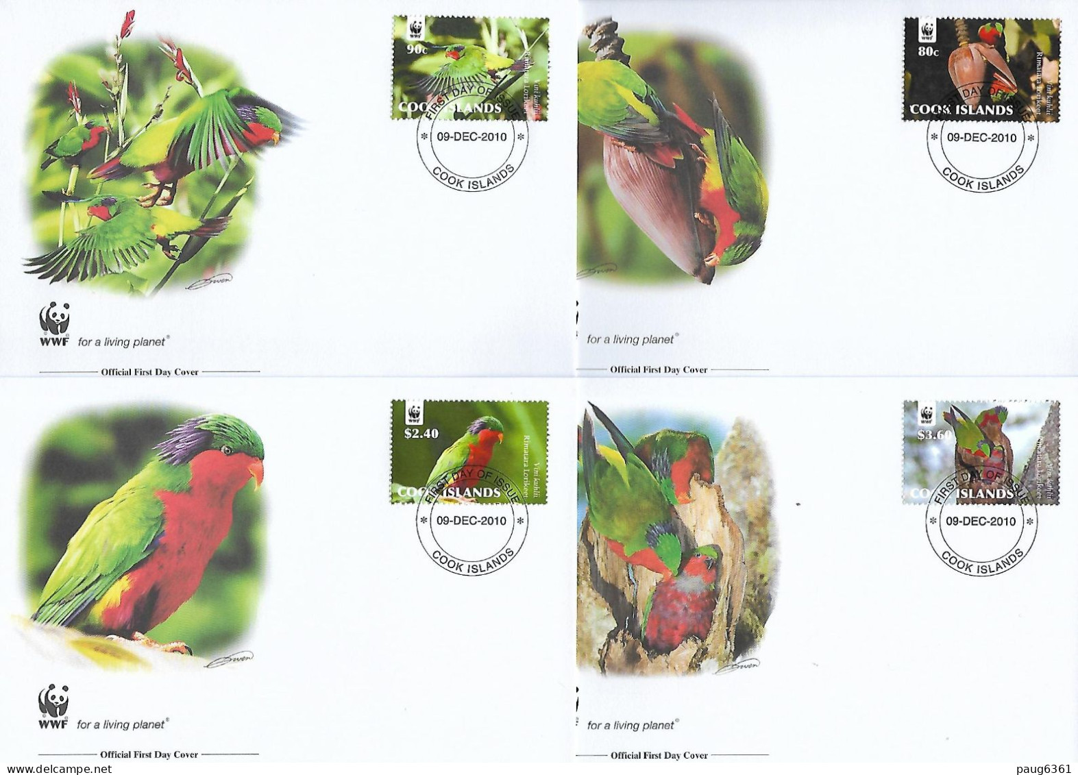 ILES COOK 2010  4 FDC WWF-PERROQUETS YVERT N°1353/1356 - FDC
