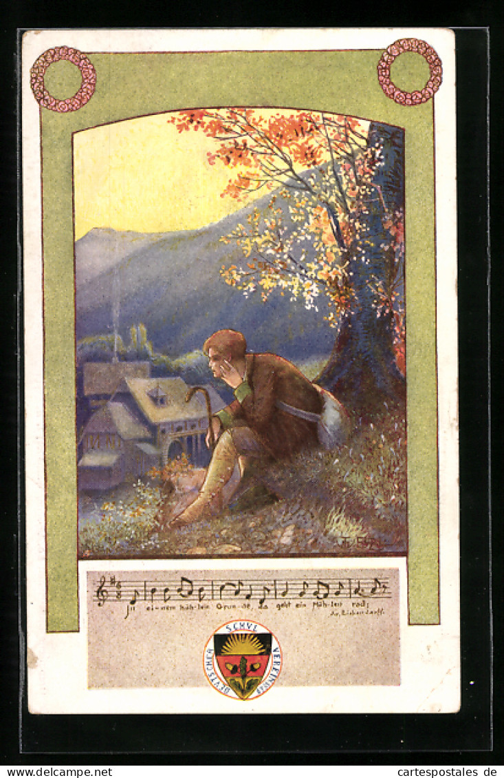 Künstler-AK T. Welzl: Deutscher Schulverein Nr. 99, Wanderer Am Ortsrand, Text- Und Notenzeile  - Weltkrieg 1914-18