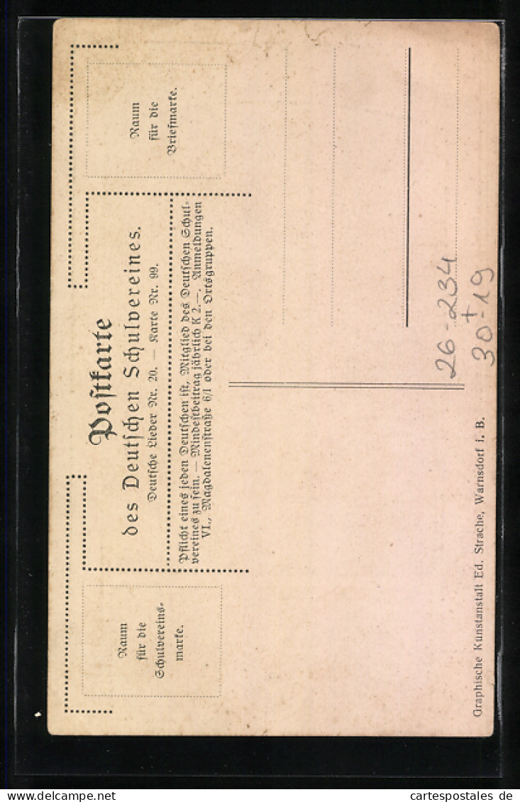Künstler-AK T. Welzl: Deutscher Schulverein Nr. 99, Wanderer Am Ortsrand, Text- Und Notenzeile  - Weltkrieg 1914-18