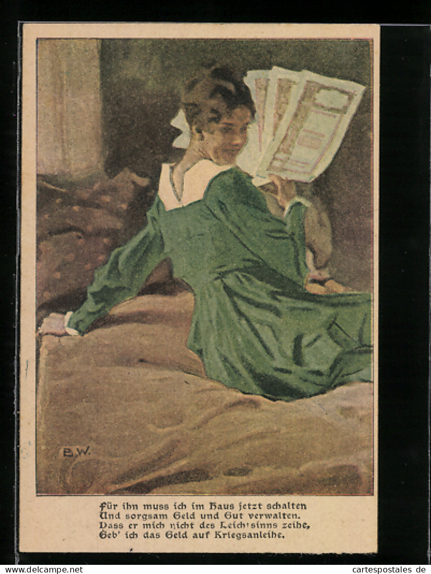 Künstler-AK Brynolf Wennerberg: Dame Im Grünen Kleid Mit Kriegsanleihen In Der Hand  - War 1914-18