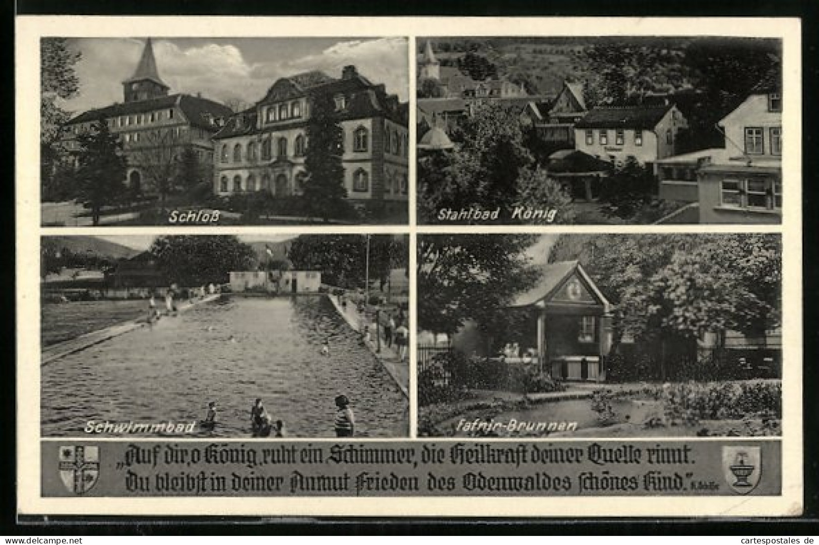 AK Stahlbad König /Odenw., Schwimmbad, Fafnir-Brunnen, Stahlbad König, Wappen  - Bad König