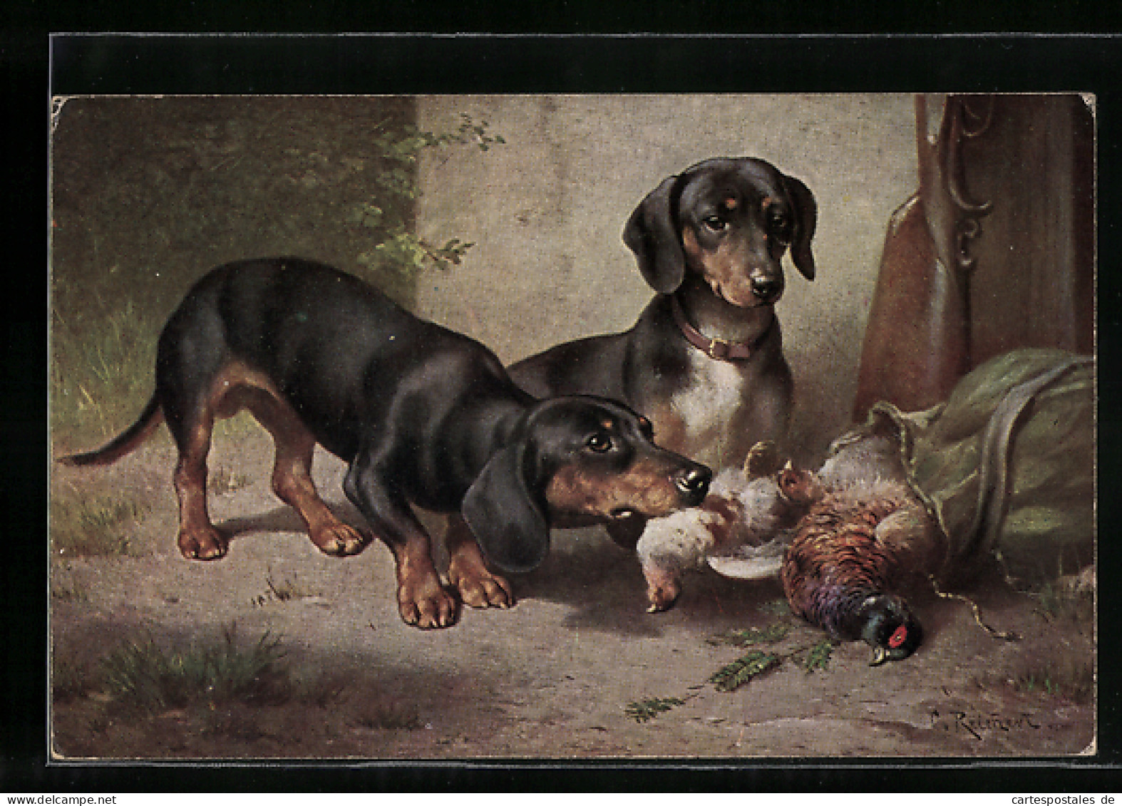 Künstler-AK Carl Reichert: Zwei Dackel Mit Geschossenem Fasan  - Dogs
