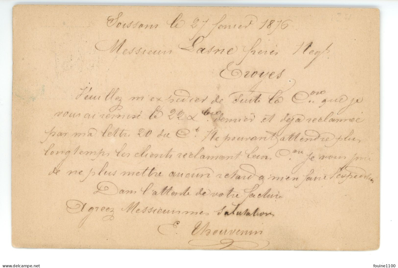 CARTE PRECURSEUR Envoyée à LASNE FRERES Négociant à TROYES 10 AUBE Envoi De THOUVENIN De SOISSONS 02 AISNE - 1849-1876: Période Classique