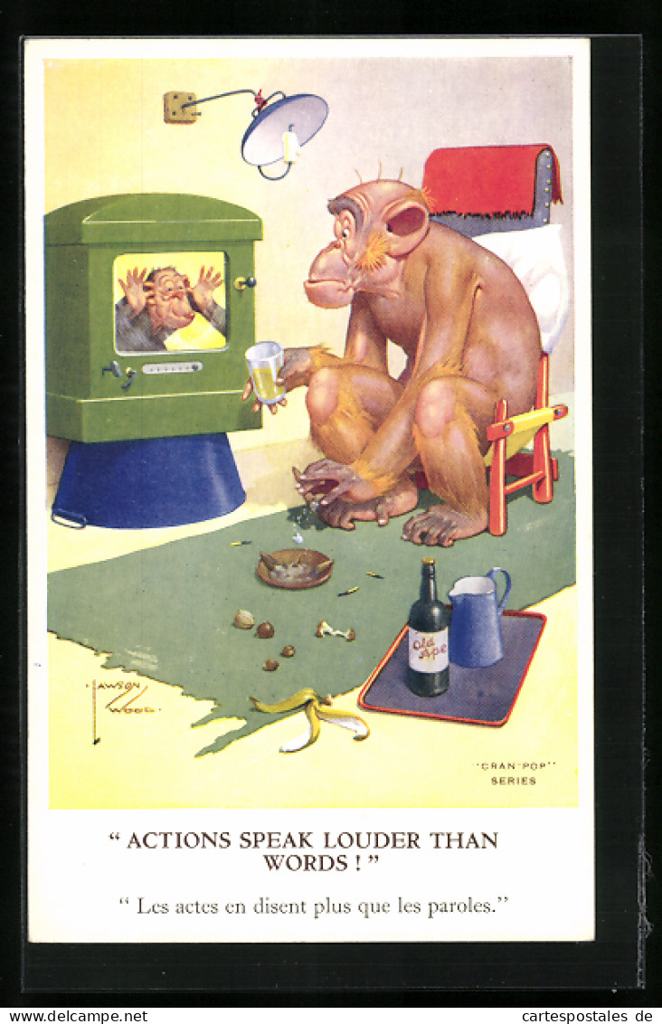 Künstler-AK Lawson Wood: Rauchender Affe Vor Einem Fernseher, Actions Speak Louder Than Words  - Singes