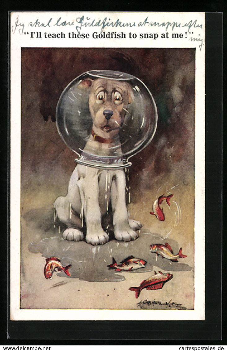 Künstler-AK George Ernest Studdy: Bonzo Hat Kopf In Fischglas, Fische Hüpfen Auf Boden, Just My Luck  - Hunde