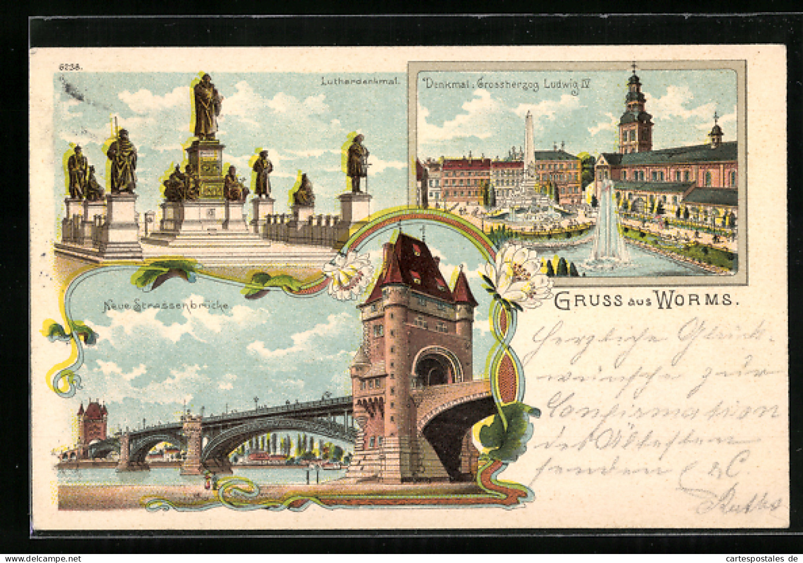 Lithographie Worms, Lutherdenkmal, Denkmal Grossherzog Ludwig IV., Neue Strassenbrücke  - Worms