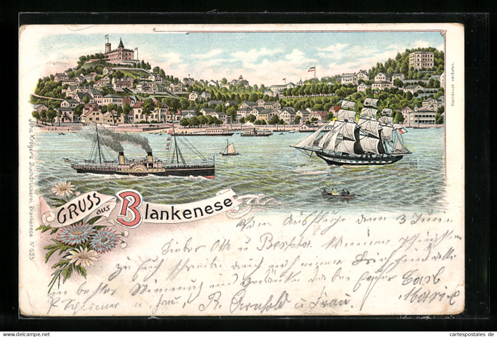 Lithographie Hamburg-Blankenese, Dampfer Und Segelschiff Auf Der Elbe  - Blankenese
