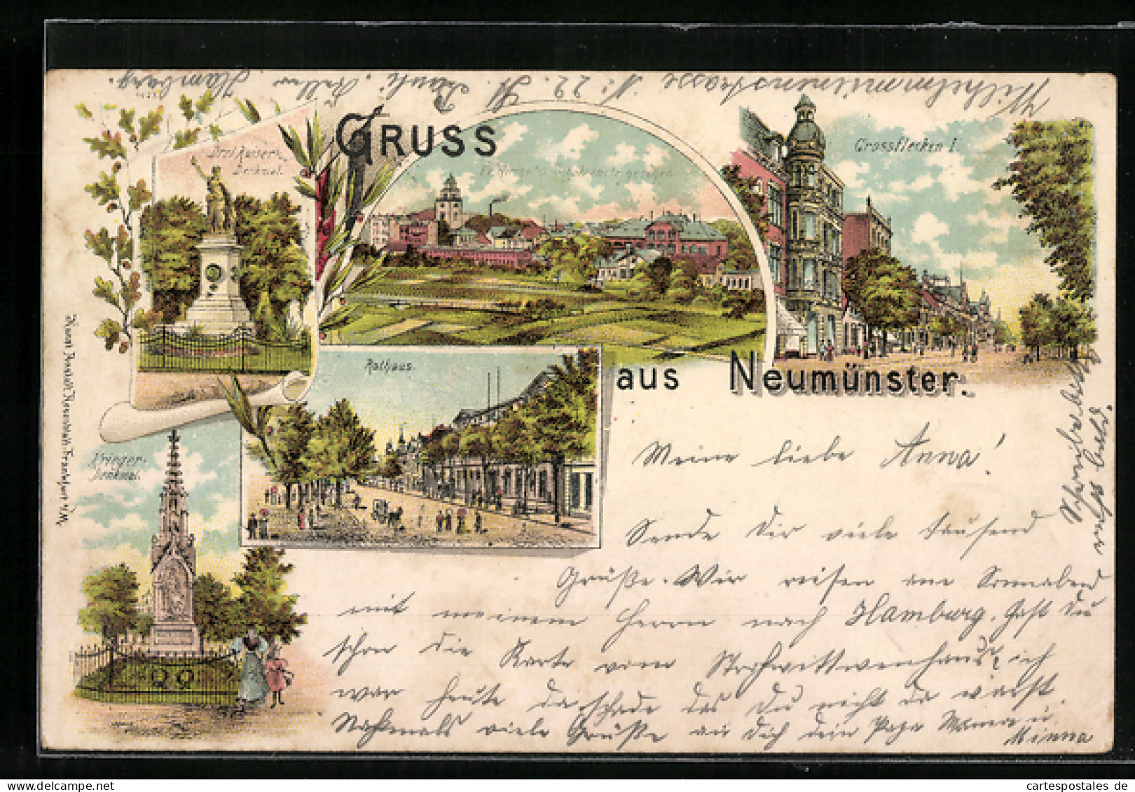 Lithographie Neumünster, Drei Kaiser Denkmal, Rathaus Und Grossflecken I  - Neumuenster