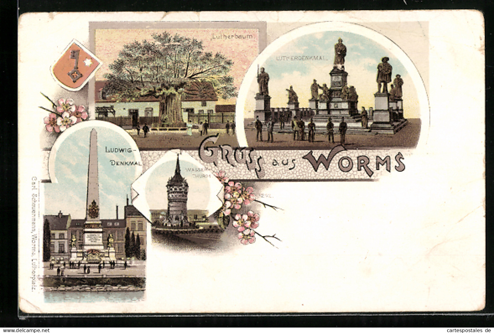 Lithographie Worms, Lutherbaum, Lutherdenkmal Und Wasserthurm  - Worms