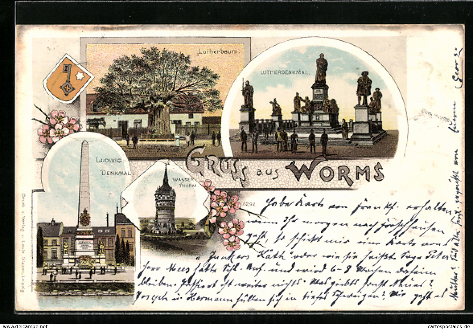 Lithographie Worms, Lutherbaum, Lutherdenkmal Und Ludwig-Denkmal  - Worms