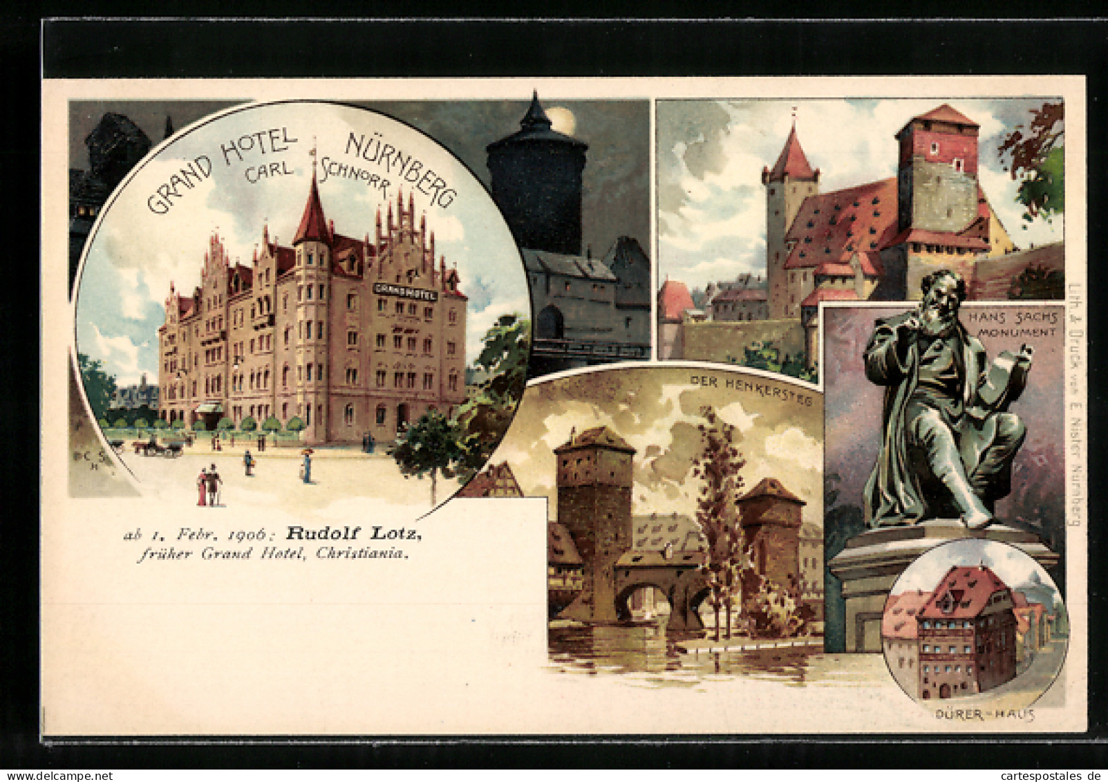 Lithographie Nürnberg, Grand Hotel, Henkersteg, Hans-Sachs-Monument, Dürer-Haus  - Nuernberg