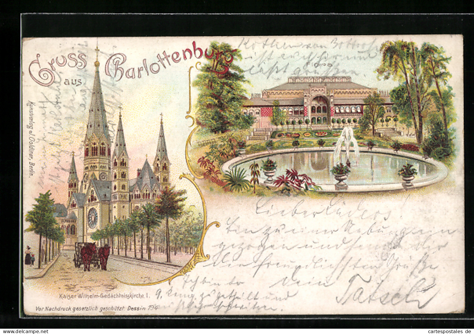 Lithographie Berlin-Charlottenburg, Gedächtniskirche Und Flora Mit Springbrunnen  - Charlottenburg