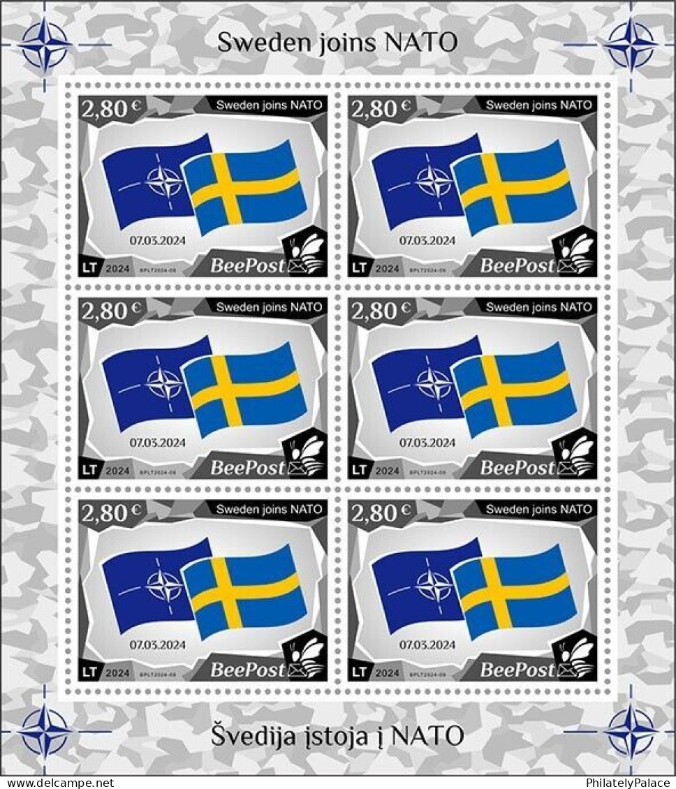 Lithuania 2024 Sweden Joins NATO ,Beepost, Defense Cooperation, Full Sheet Mint, MNH (**) Only 1 Sheet Avaliable - Lituanie