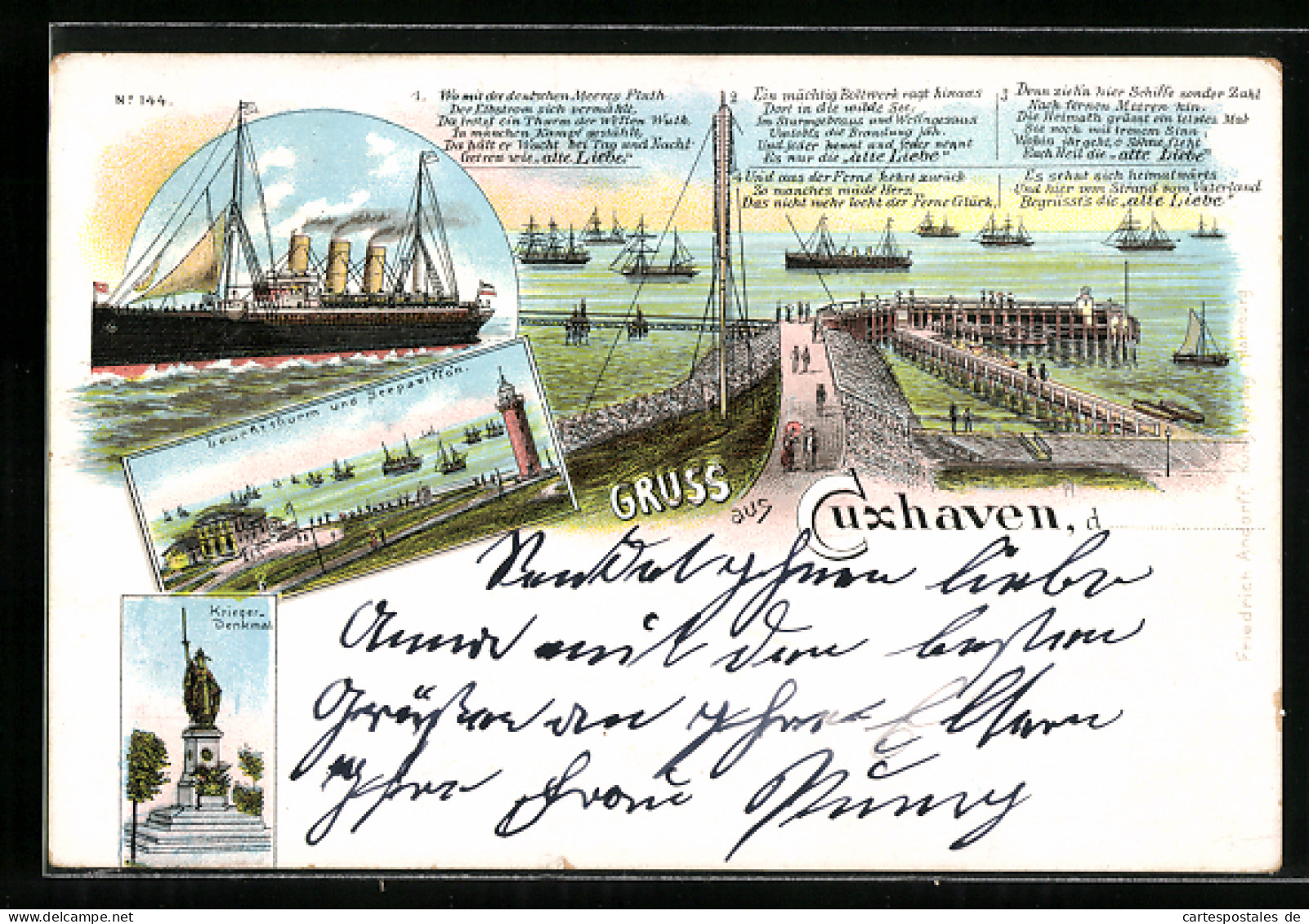 Lithographie Cuxhaven, Leuchtturm Und Seepavillon, Kriegerdenkmal, Dampferschiff  - Cuxhaven