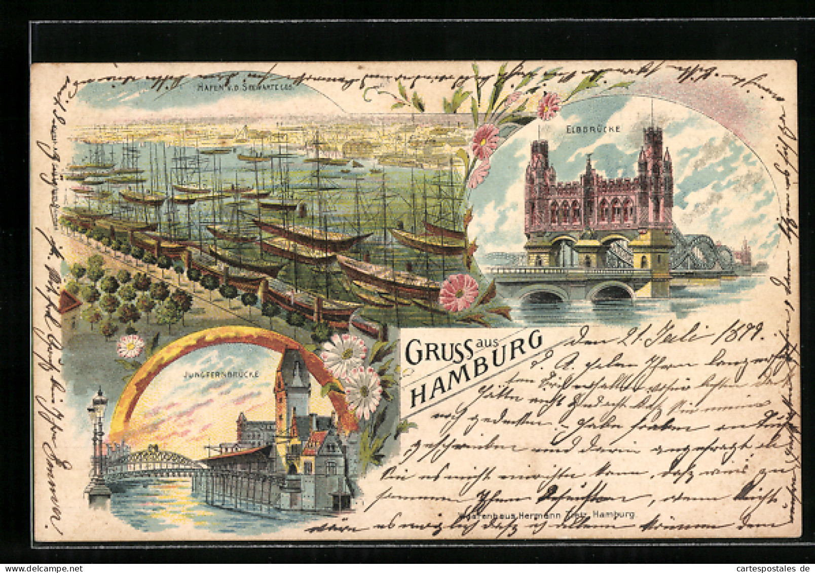 Lithographie Hamburg, Hafen Von Der Seewarte Gesehen, Jungfern- Und Elbbrücke  - Mitte