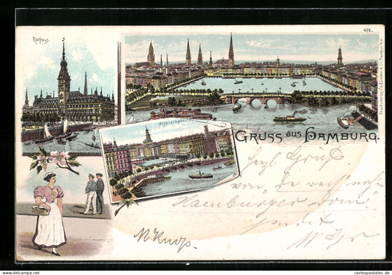 Lithographie Hamburg, Rathaus, Alsterarkaden, Panorama, Dampfer  - Mitte