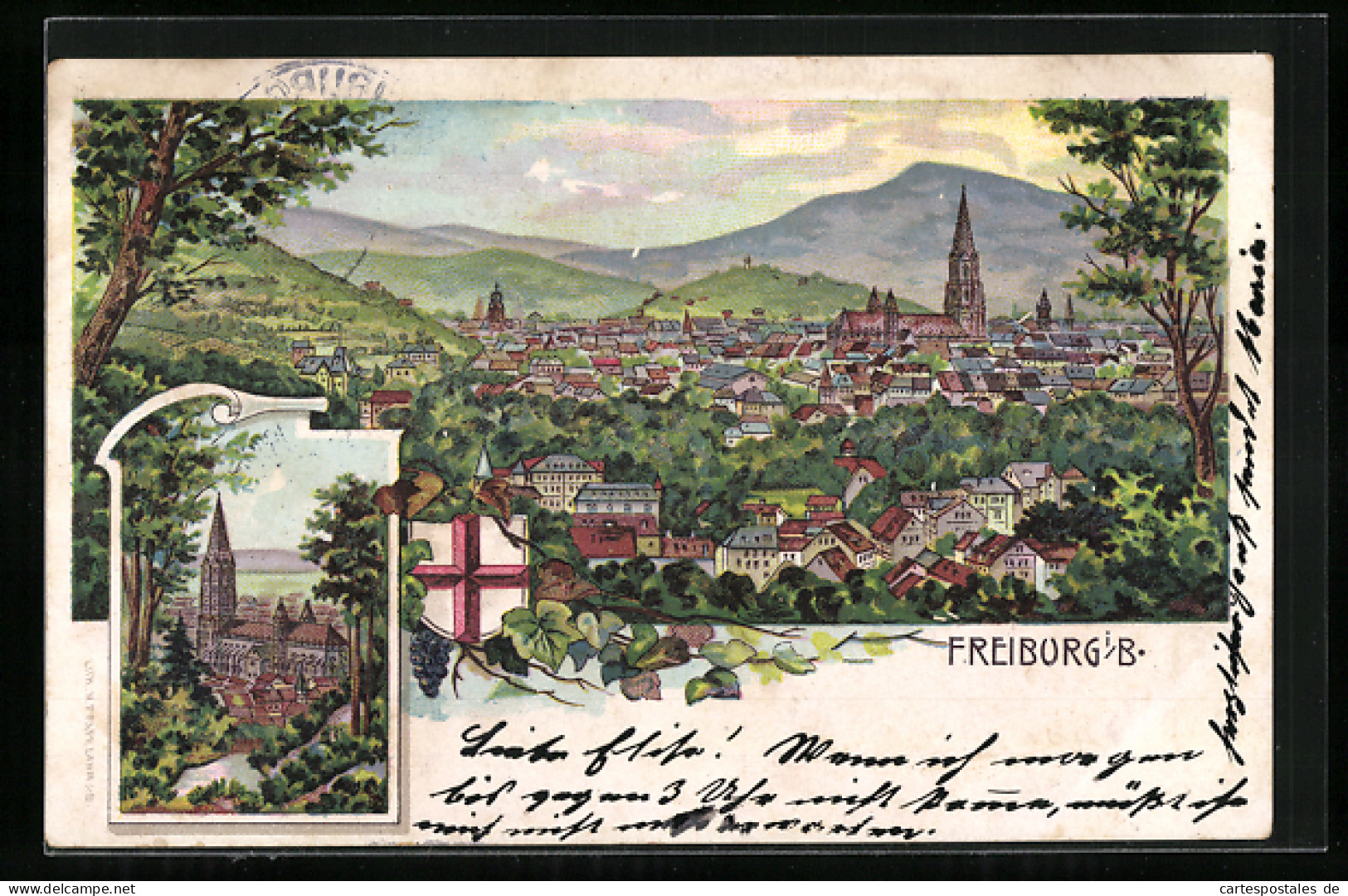 Lithographie Freiburg I. B., Kirche, Ortsansicht Mit Bergpanorama, Wappen  - Freiburg I. Br.