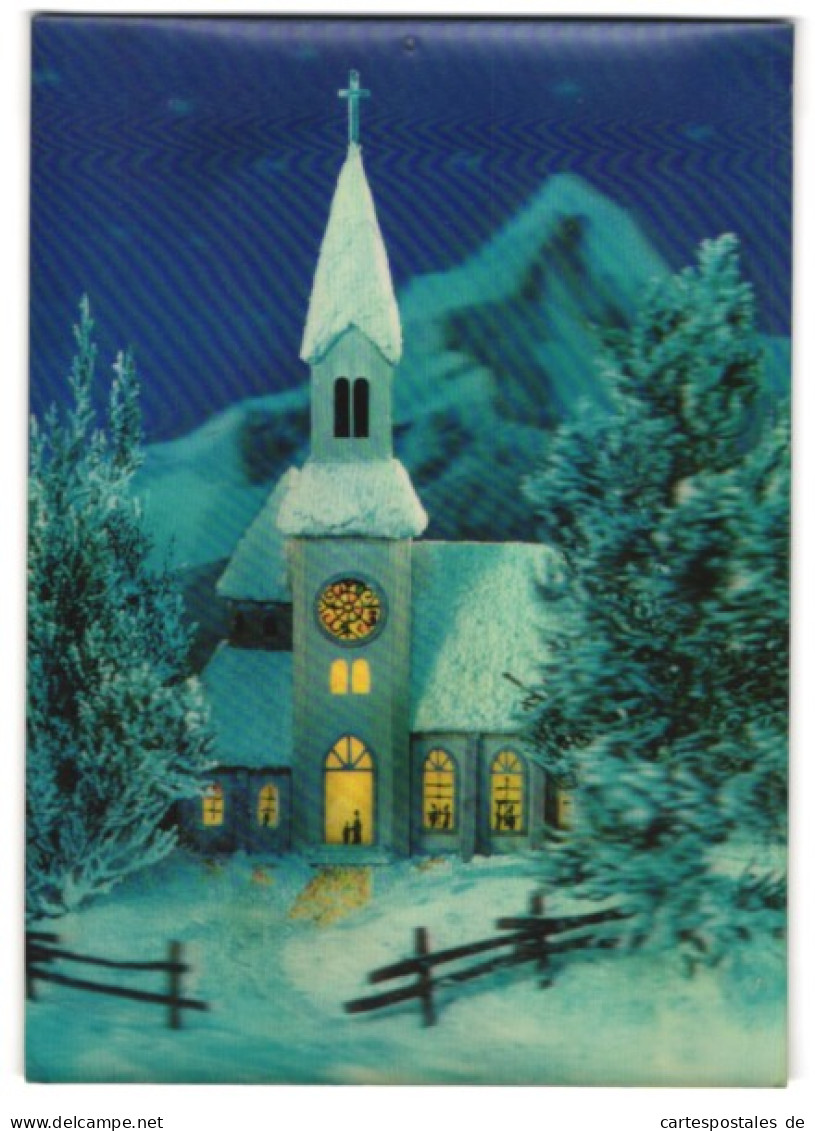 3D-AK Erleuchtete Kirche Im Schnee Am Abend  - Photographie