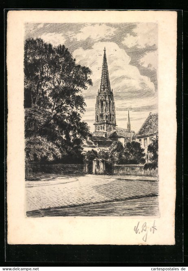 Künstler-AK Münster I.W., Am Domplatz Mit Blick Auf Die Lambertikirche  - Münster