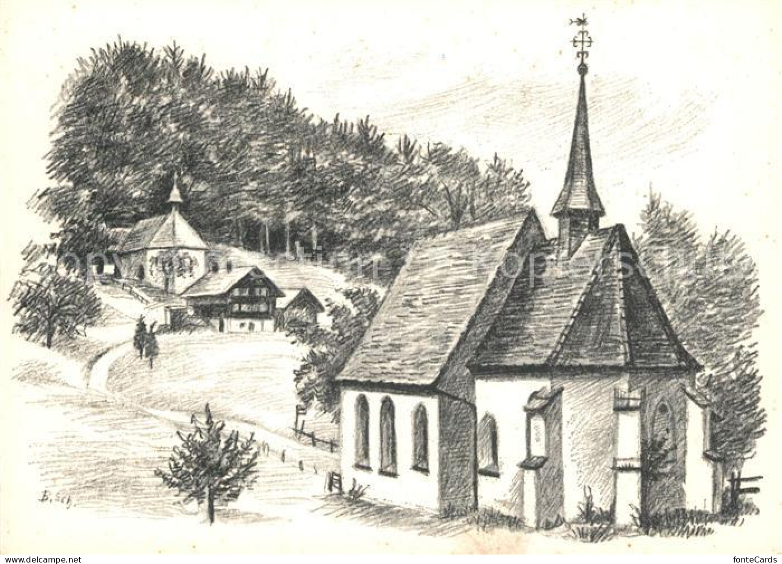 13236428 Flueeli-Ranft Kirche Kapelle Zeichnung Kuenstlerkarte Flueeli-Ranft - Otros & Sin Clasificación