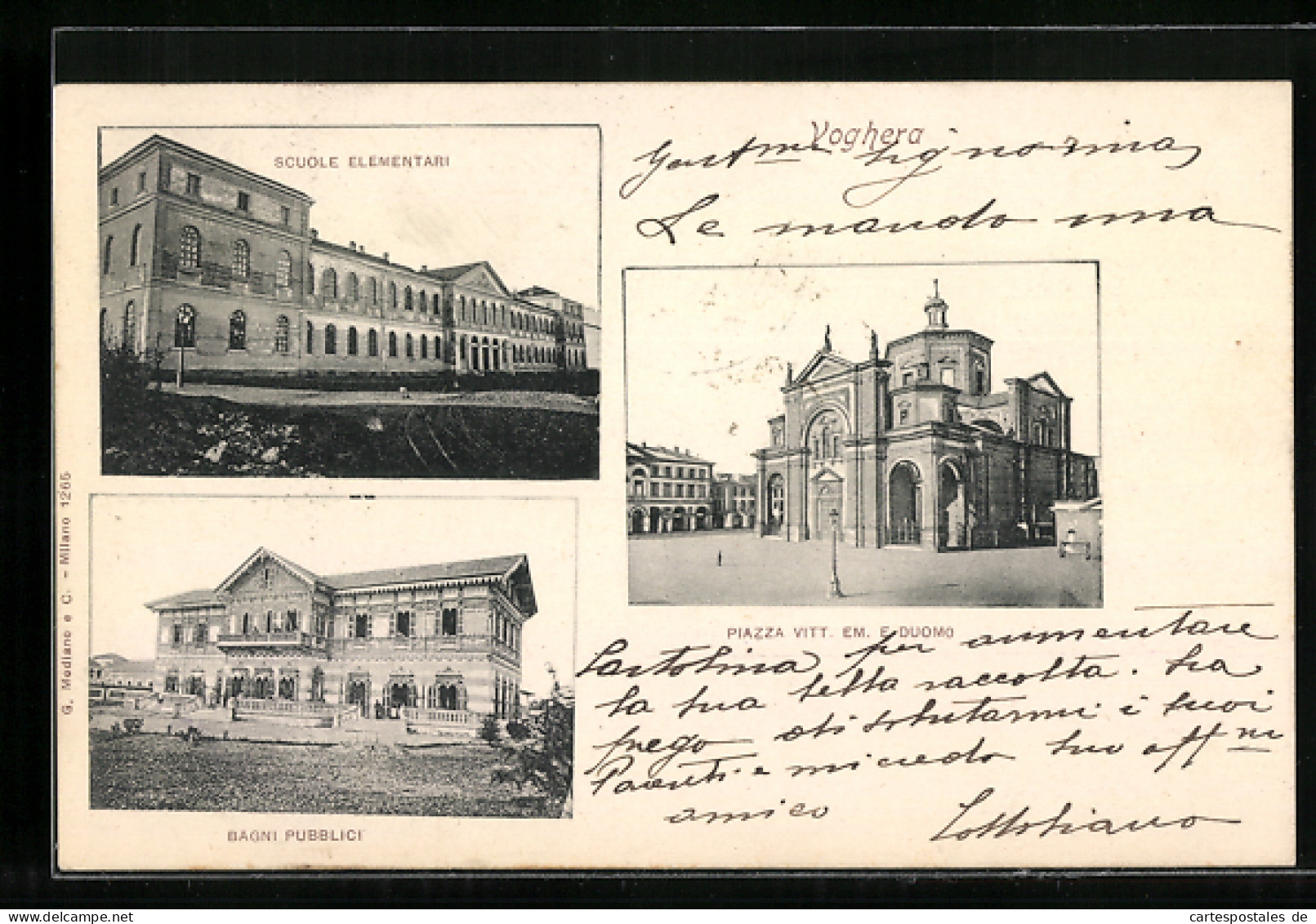 Cartolina Voghera, Bagni Pubblici, Scuole Elementari, Piazza Vitt. Em. E Duomo  - Other & Unclassified