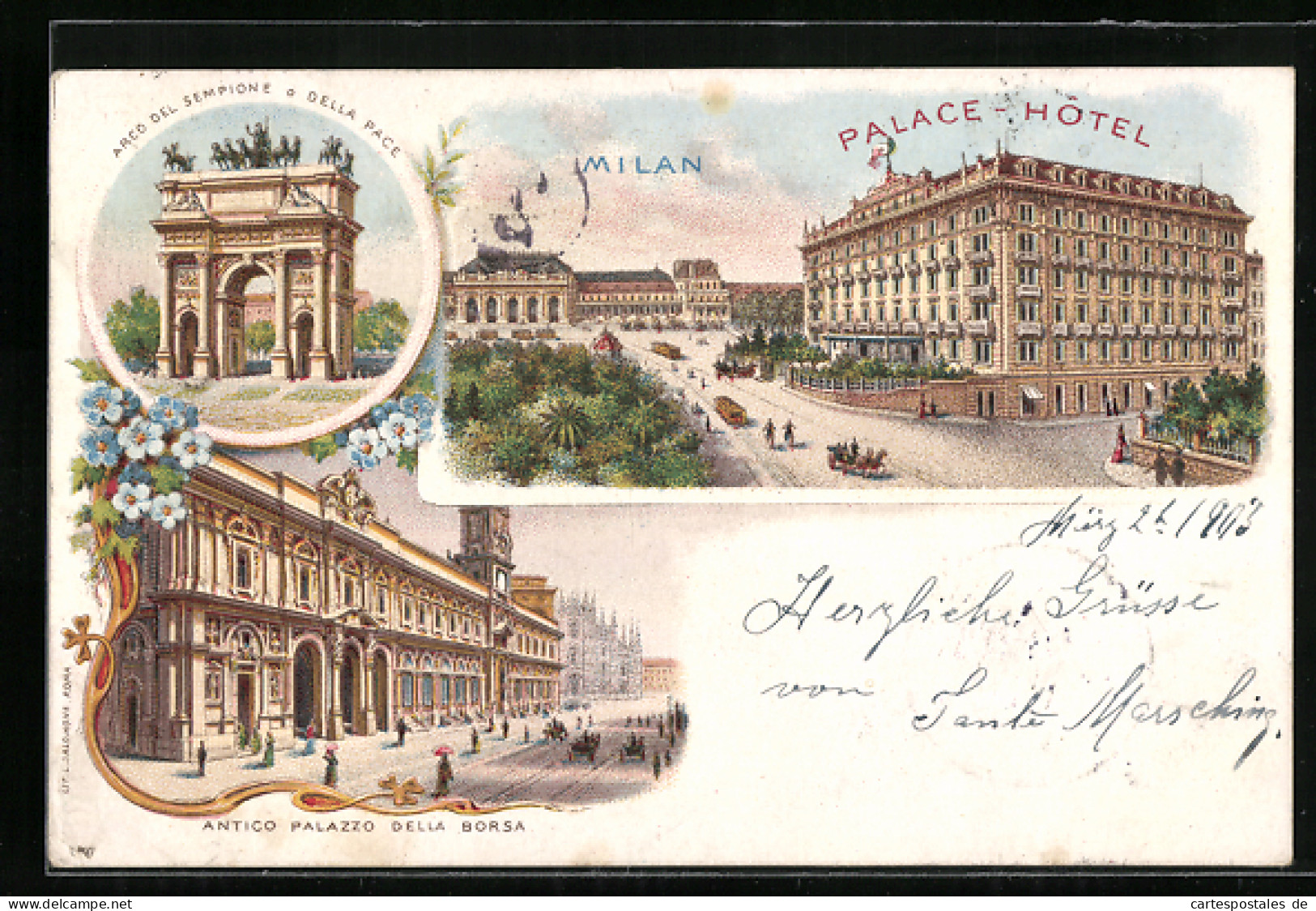 Lithographie Milan, Palace-Hotel & Station, Arco Del Sempione O Della Pace, Antico Palazzo Della Borsa  - Altri & Non Classificati