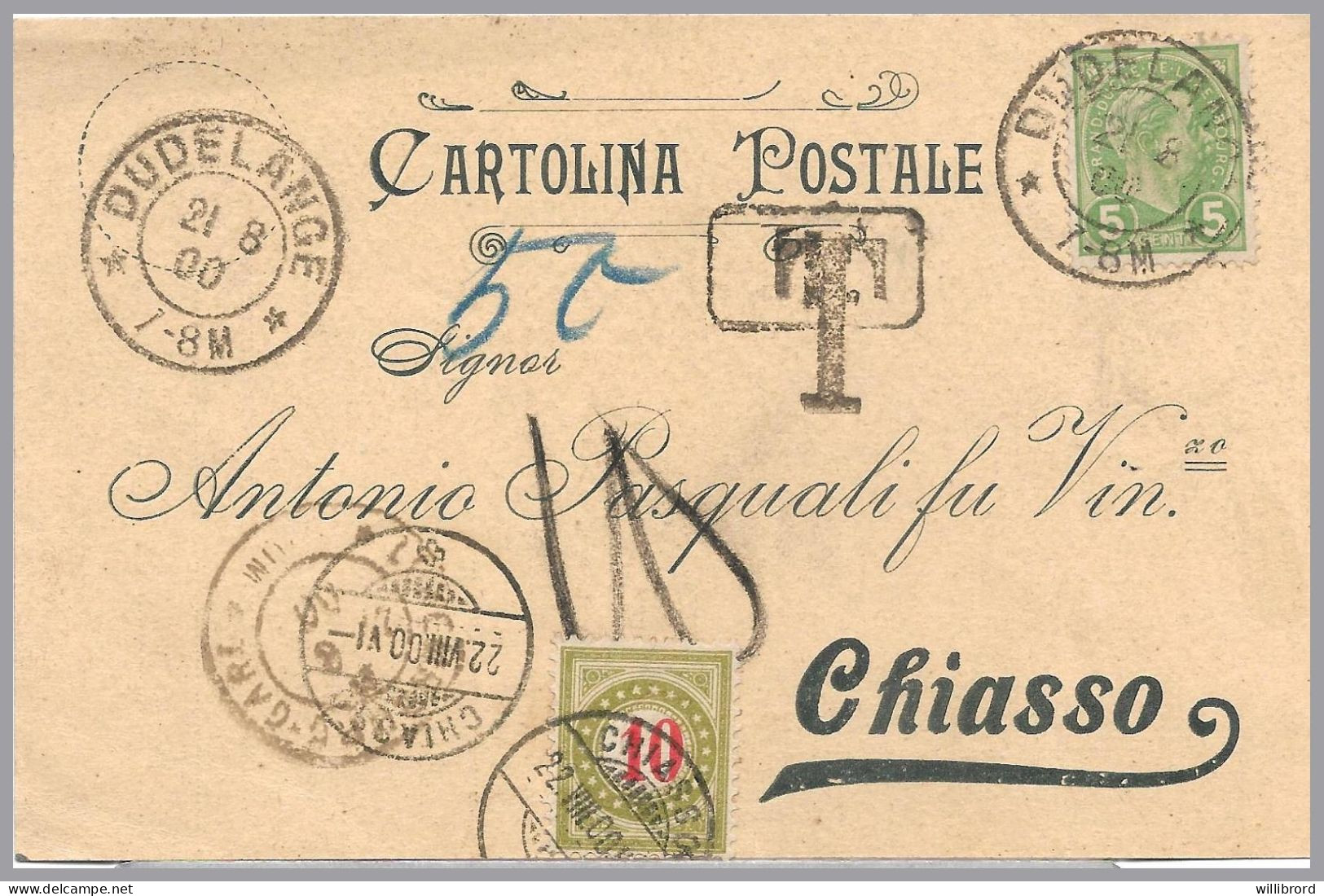 LUXEMBOURG - 1900 DUDELANGE To Chiasso SWITZERLAND - 5c Postage Due Doubled - 10c Swiss PD Added - Postage Due