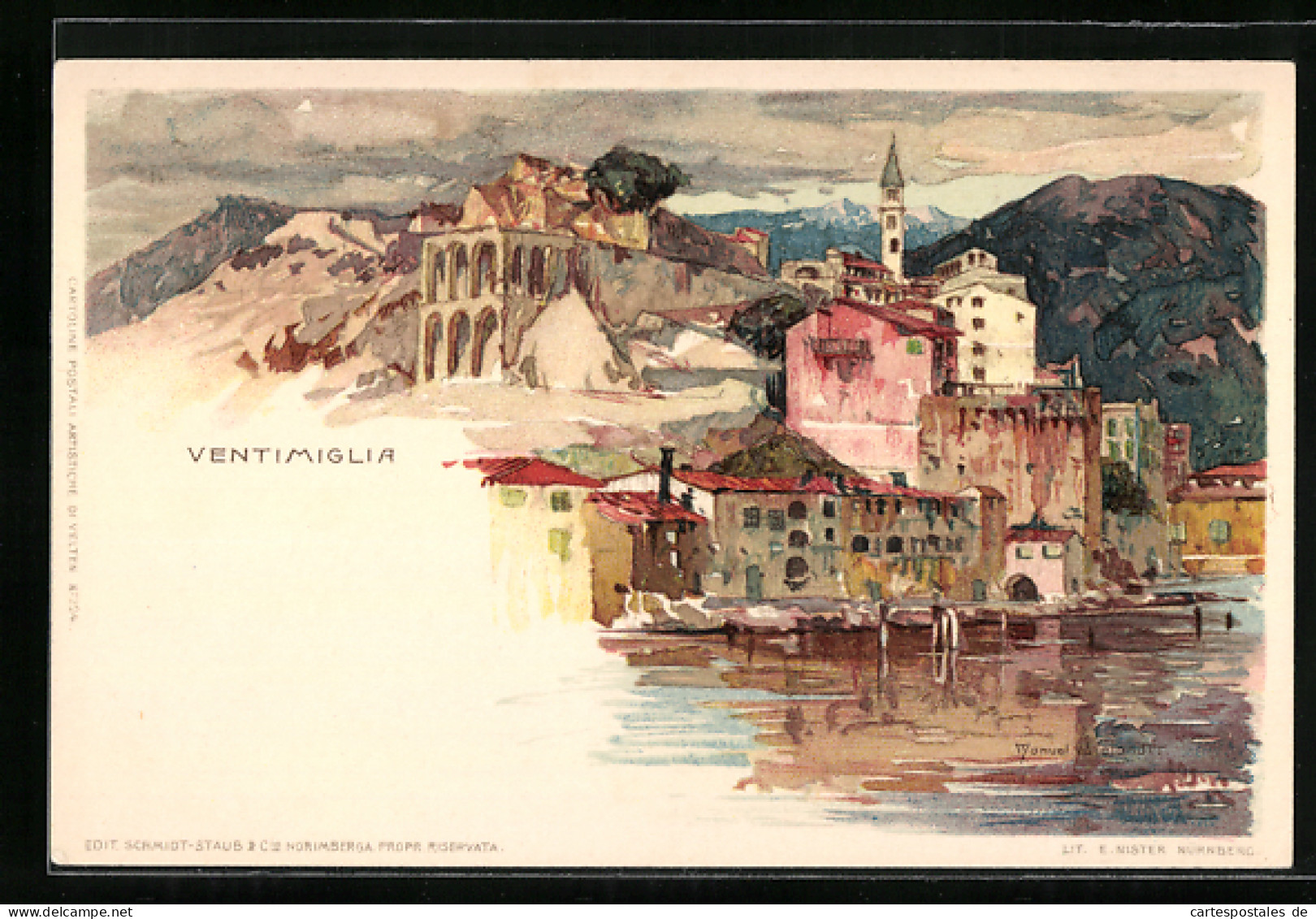 Artista-Cartolina Manuel Wielandt: Ventimiglia, Ortsansicht Mit Hafen Und Kirche  - Altri & Non Classificati