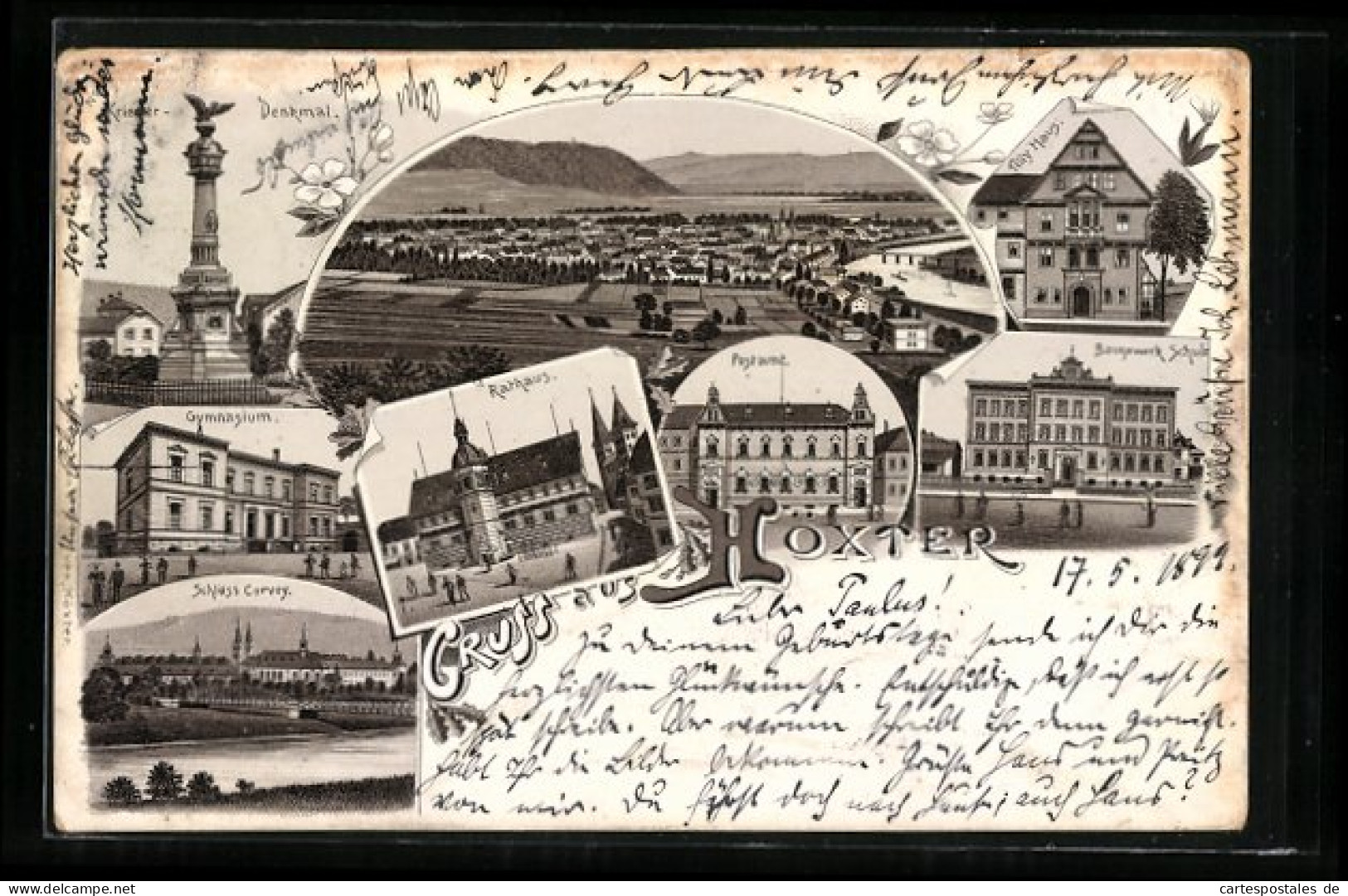 Lithographie Höxter, Rathaus, Postamt, Denkmal, Schloss Corvey  - Hoexter
