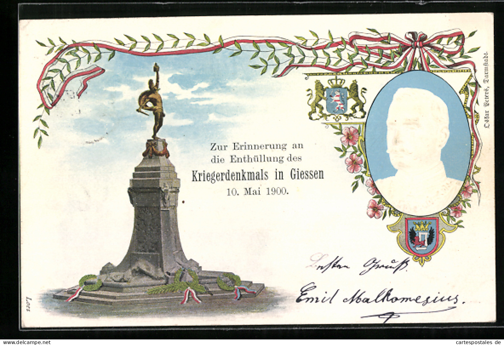 Lithographie Giessen, Kriegerdenkmal, Enthüllung 10. Mai 1900, Grossherzog Von Hessen-Darmstadt, Portrait, Wappen  - Giessen