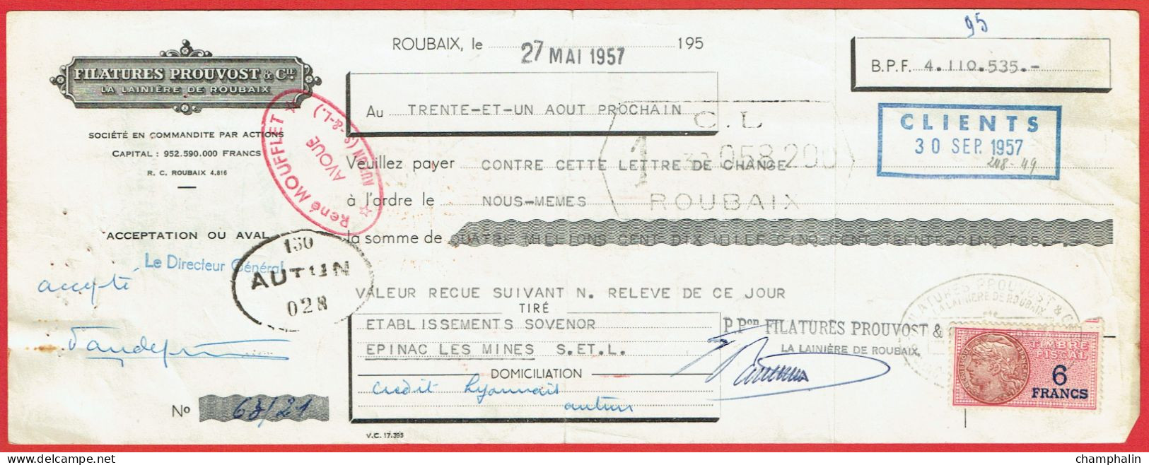 Lot 8 Lettres De Change De Roubaix (59) Pour Epinac-les-Mines (71) - 1957 - Timbre TF N°439-440 - Filatures Prouvost - Wissels