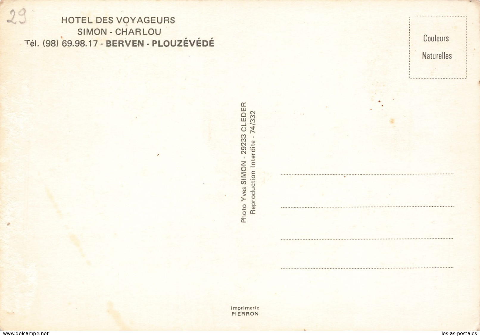 29 BERVEN L HOTEL DES VOYAGEURS - Other & Unclassified