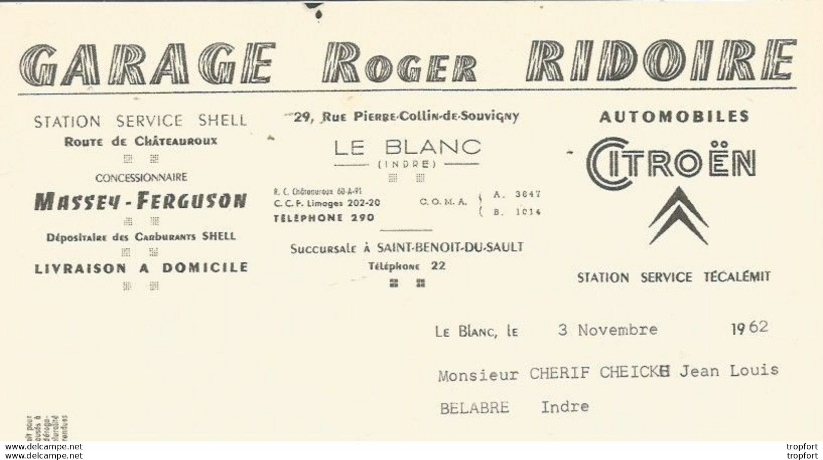 M11 Cpa / Old Invoice Lettre Facture Ancienne CITROEN LE BLANC Indre Garage RIDOIRE 1962 AUTOMOBILE - Transport