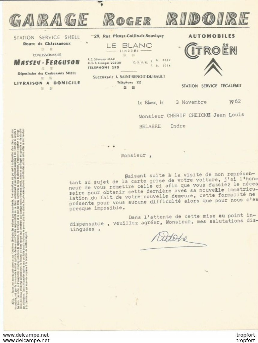 M11 Cpa / Old Invoice Lettre Facture Ancienne CITROEN LE BLANC Indre Garage RIDOIRE 1962 AUTOMOBILE - Transport