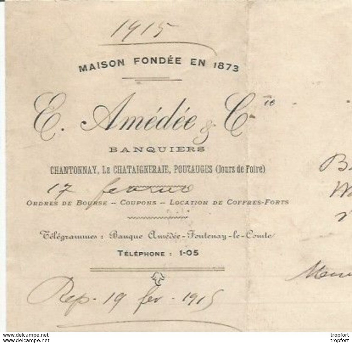 M11 Cpa / Old Invoice Lettre Facture Ancienne FONTENAY LE CONTE 1915 Chantonnay Châtaigneraie Pouzauges BANQUIER - Transporte