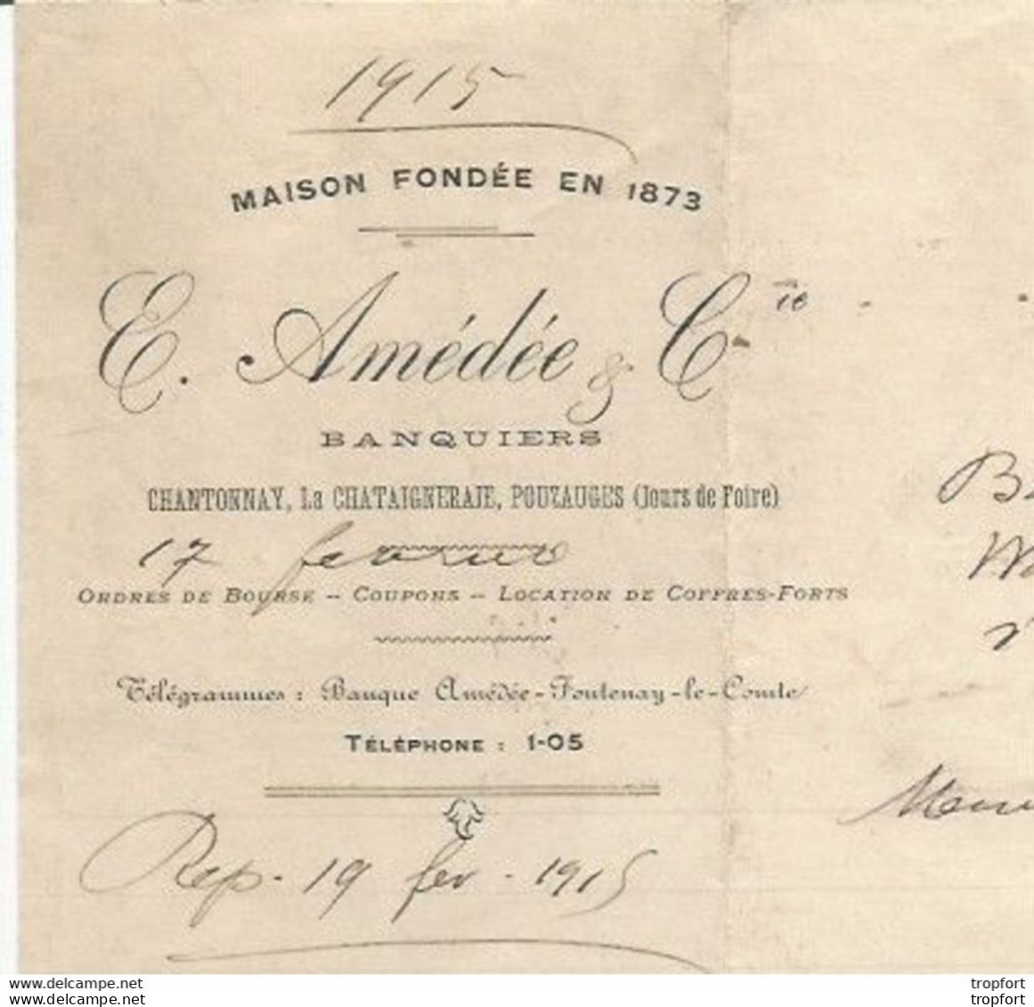 M11 Cpa / Old Invoice Lettre Facture Ancienne FONTENAY LE CONTE 1915 Chantonnay Châtaigneraie Pouzauges BANQUIER - Trasporti