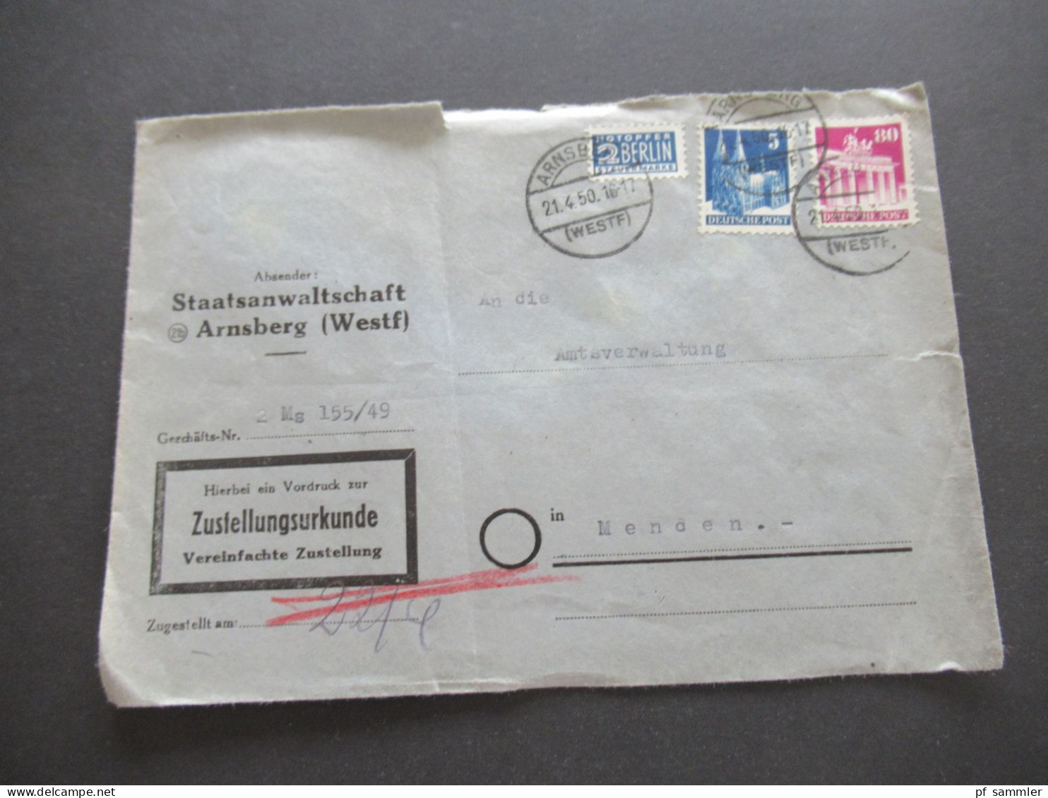 1950 Bizone Bauten Nr. 75 MiF Mit Nr.94 Zustellungsurkunde Vereinfachte Zustellung Staatsanwaltschaft Arnsberg (Westf) - Storia Postale